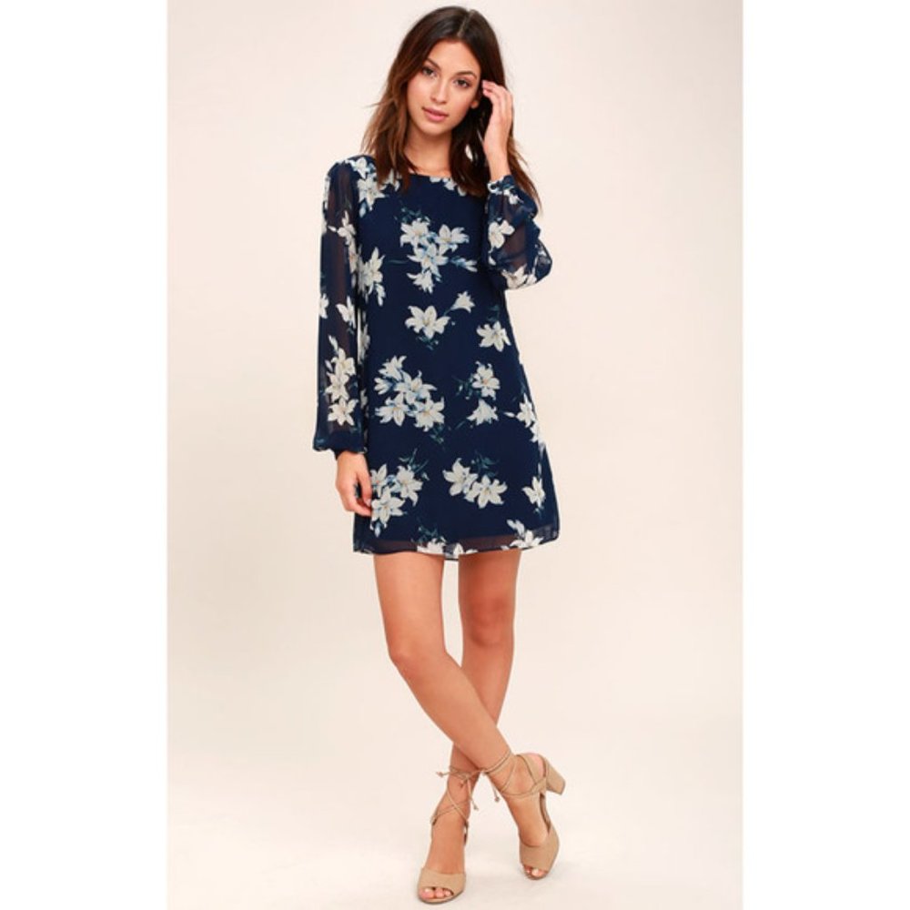 Lulus Navy Blue Floral Long Sleeve Dress